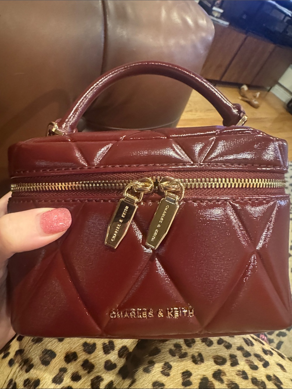 Charles & Keith Deep Burgundy Quilted Cosmetic Case with Top Handle